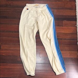 Aviator Nation Cream Track Pants with Blue Stripe